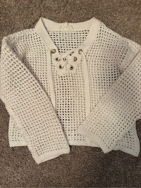 Vince Camuto Cream Open-Knit Lace-Up V-Neck Sweater
